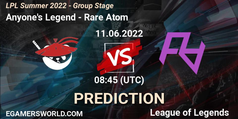 Anyone's Legend - Rare Atom: ennuste. 11.06.2022 at 08:45, LoL, LPL Summer 2022 - Group Stage