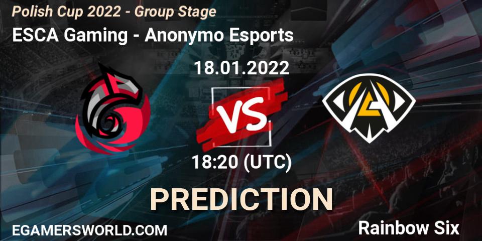 ESCA Gaming - Anonymo Esports: ennuste. 18.01.2022 at 18:20, Rainbow Six, Polish Cup 2022 - Group Stage