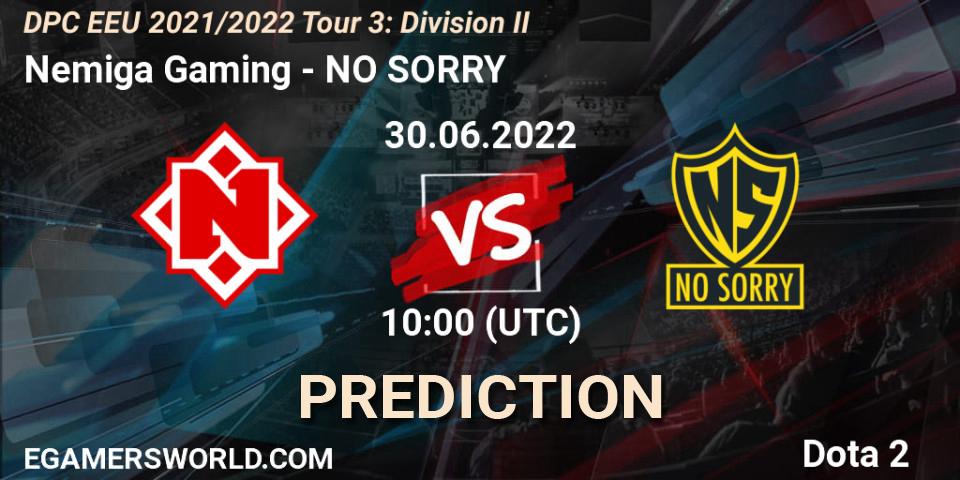 Nemiga Gaming - NO SORRY: ennuste. 30.06.2022 at 10:00, Dota 2, DPC EEU 2021/2022 Tour 3: Division II