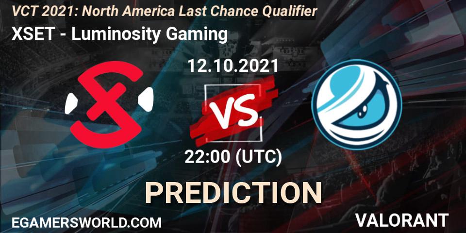 XSET - Luminosity Gaming: ennuste. 12.10.2021 at 23:00, VALORANT, VCT 2021: North America Last Chance Qualifier