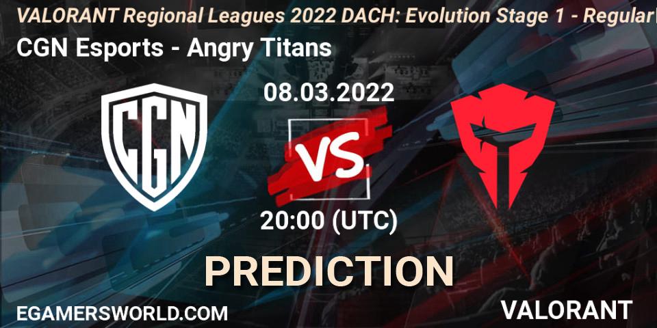 CGN Esports - Angry Titans: ennuste. 08.03.2022 at 20:00, VALORANT, VALORANT Regional Leagues 2022 DACH: Evolution Stage 1 - Regular Season