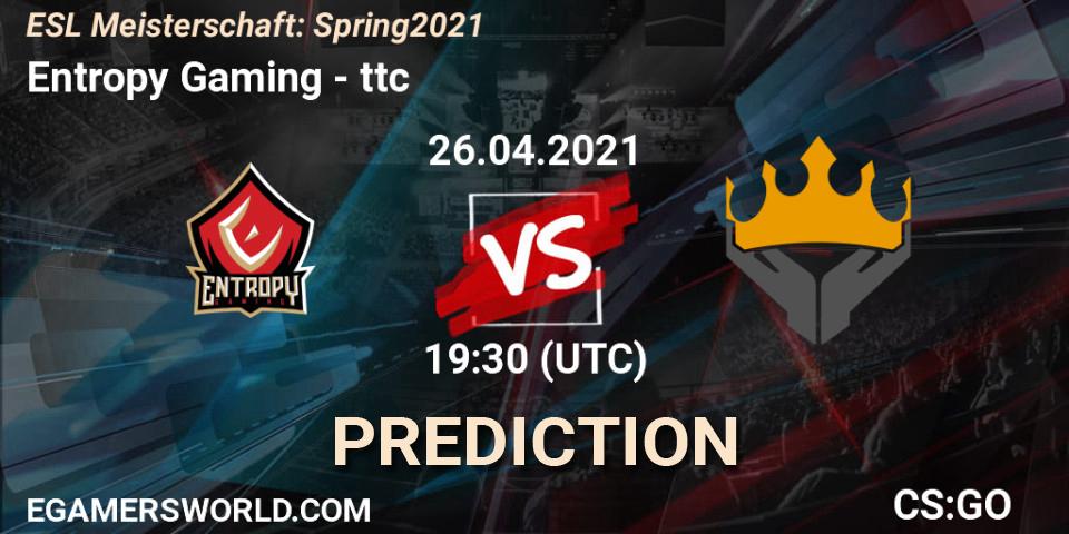 Entropy Gaming - ttc: ennuste. 26.04.2021 at 19:30, Counter-Strike (CS2), ESL Meisterschaft: Spring 2021