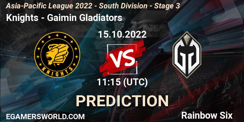 Knights - Gaimin Gladiators: ennuste. 15.10.2022 at 11:15, Rainbow Six, Asia-Pacific League 2022 - South Division - Stage 3