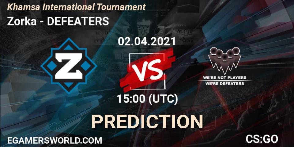 Zorka - DEFEATERS: ennuste. 02.04.2021 at 15:00, Counter-Strike (CS2), Khamsa International Tournament