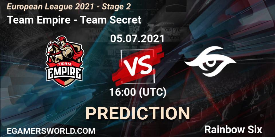 Team Empire - Team Secret: ennuste. 05.07.2021 at 16:00, Rainbow Six, European League 2021 - Stage 2