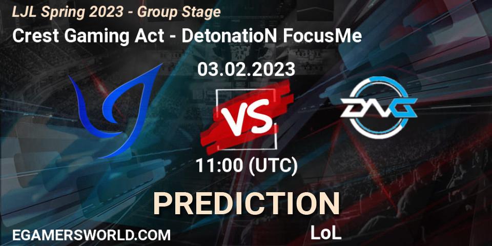 Crest Gaming Act - DetonatioN FocusMe: ennuste. 03.02.2023 at 10:00, LoL, LJL Spring 2023 - Group Stage