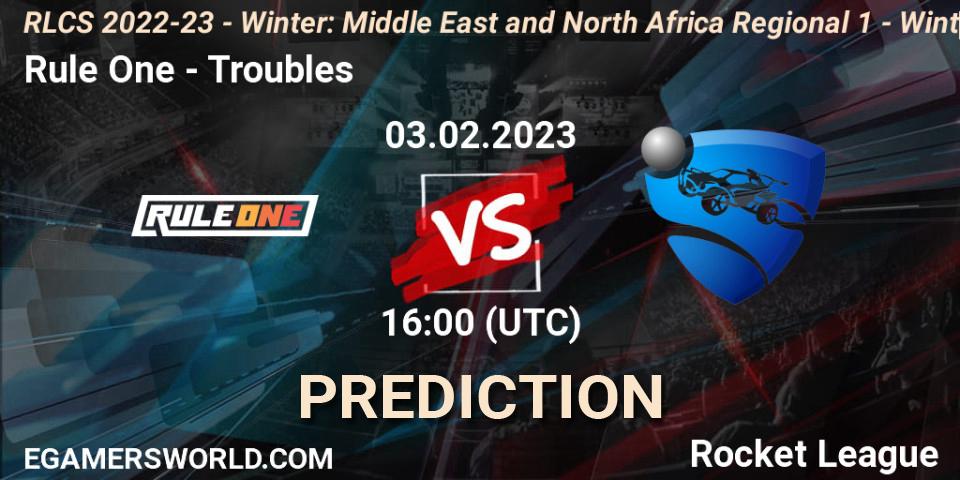 Rule One - Troubles: ennuste. 03.02.2023 at 16:00, Rocket League, RLCS 2022-23 - Winter: Middle East and North Africa Regional 1 - Winter Open