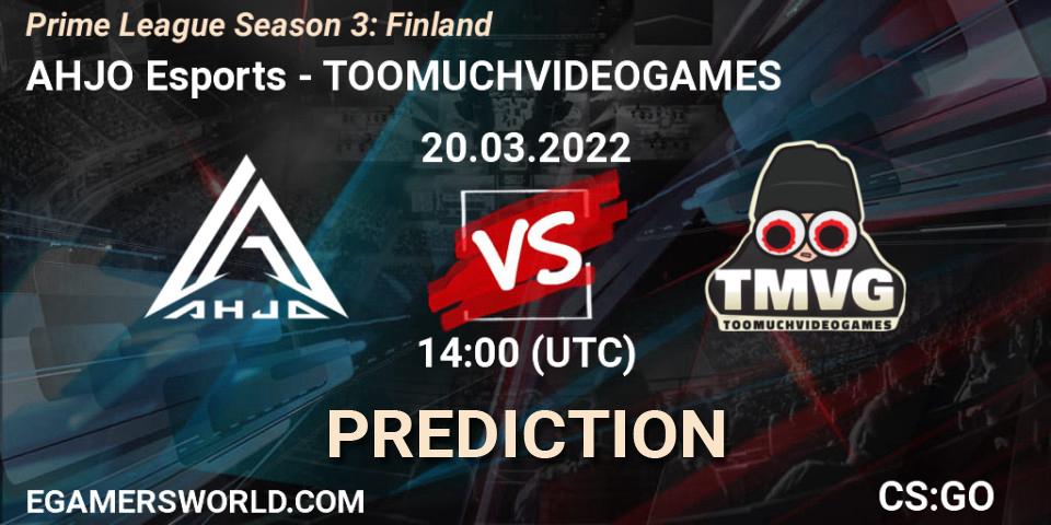 AHJO Esports - TOOMUCHVIDEOGAMES: ennuste. 20.03.2022 at 15:30, Counter-Strike (CS2), Prime League Season 3: Finland