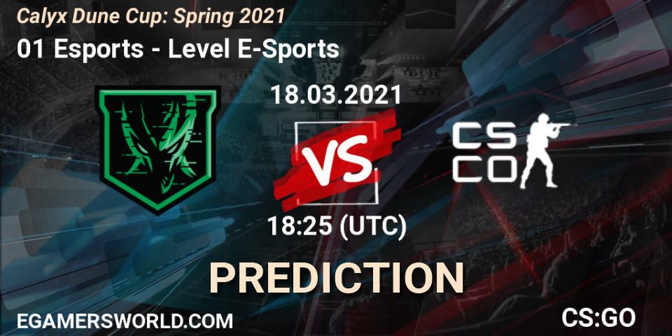 01 Esports - Level E-Sports: ennuste. 18.03.2021 at 18:30, Counter-Strike (CS2), Calyx Dune Cup: Spring 2021