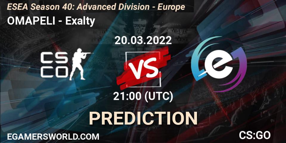 OMAPELI - Exalty: ennuste. 20.03.2022 at 21:00, Counter-Strike (CS2), ESEA Season 40: Advanced Division - Europe
