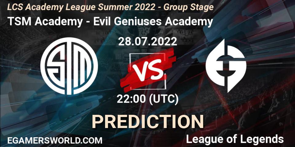 TSM Academy - Evil Geniuses Academy: ennuste. 28.07.2022 at 22:00, LoL, LCS Academy League Summer 2022 - Group Stage