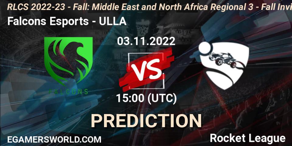 Falcons Esports - ULLA: ennuste. 03.11.2022 at 15:00, Rocket League, RLCS 2022-23 - Fall: Middle East and North Africa Regional 3 - Fall Invitational