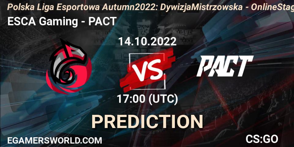 ESCA Gaming - PACT: ennuste. 14.10.2022 at 17:00, Counter-Strike (CS2), Polska Liga Esportowa Autumn 2022: Dywizja Mistrzowska - Online Stage