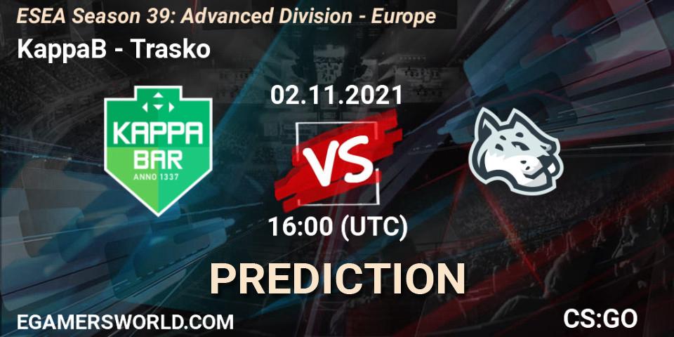 KappaB - Trasko: ennuste. 02.11.2021 at 16:00, Counter-Strike (CS2), ESEA Season 39: Advanced Division - Europe
