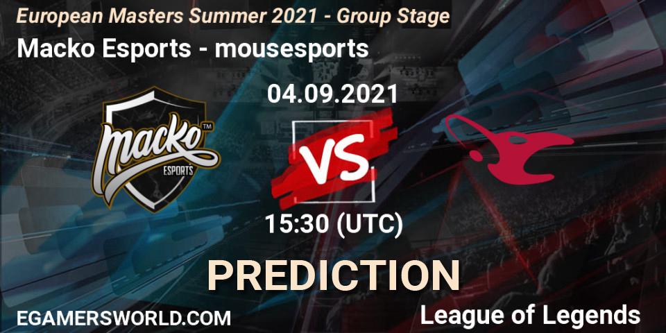 Macko Esports - mousesports: ennuste. 04.09.2021 at 15:30, LoL, European Masters Summer 2021 - Group Stage