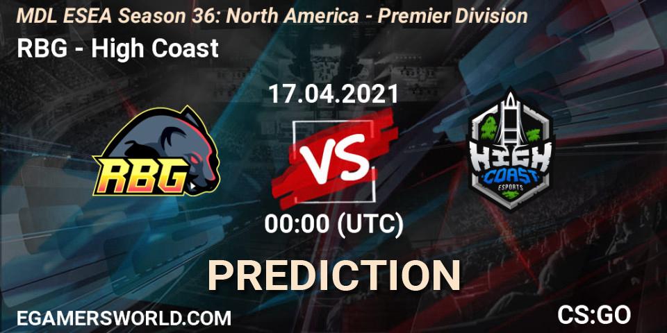 RBG - High Coast: ennuste. 17.04.2021 at 00:00, Counter-Strike (CS2), MDL ESEA Season 36: North America - Premier Division