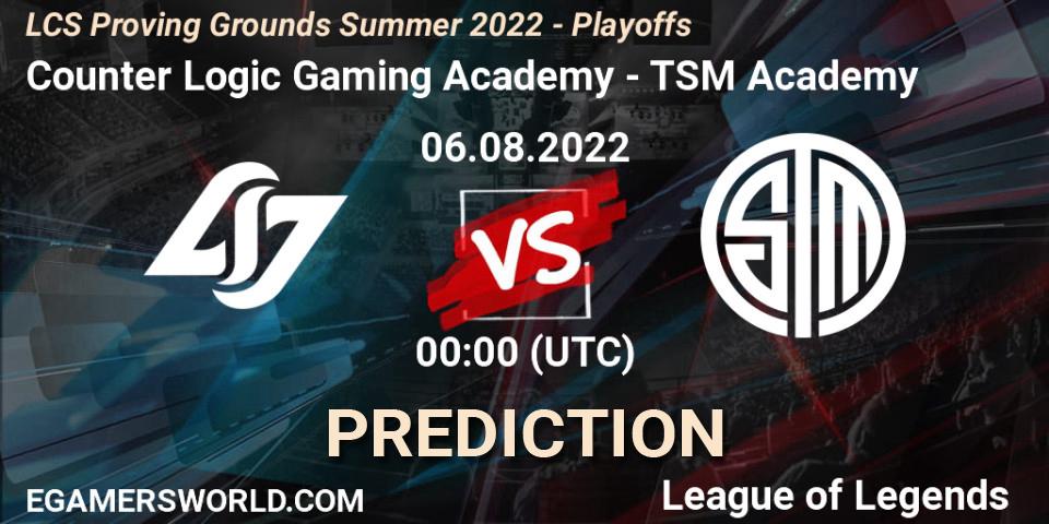Counter Logic Gaming Academy - TSM Academy: ennuste. 06.08.2022 at 00:00, LoL, LCS Proving Grounds Summer 2022 - Playoffs