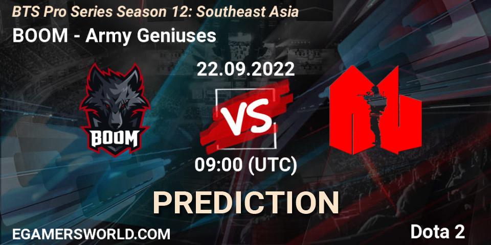 BOOM - Army Geniuses: ennuste. 22.09.2022 at 09:00, Dota 2, BTS Pro Series Season 12: Southeast Asia