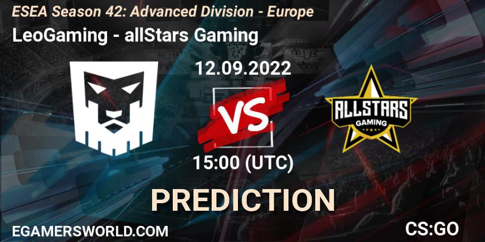 LeoGaming - allStars Gaming: ennuste. 12.09.22, CS2 (CS:GO), ESEA Season 42: Advanced Division - Europe