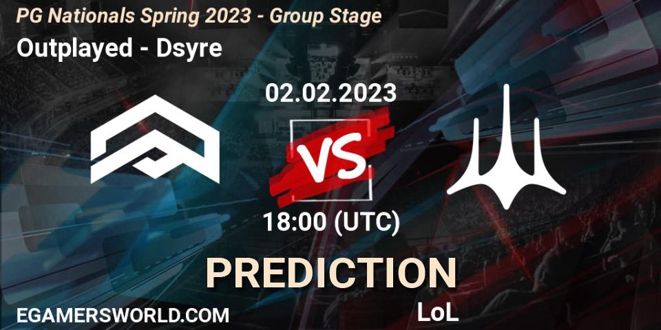 Outplayed - Dsyre: ennuste. 02.02.2023 at 18:00, LoL, PG Nationals Spring 2023 - Group Stage