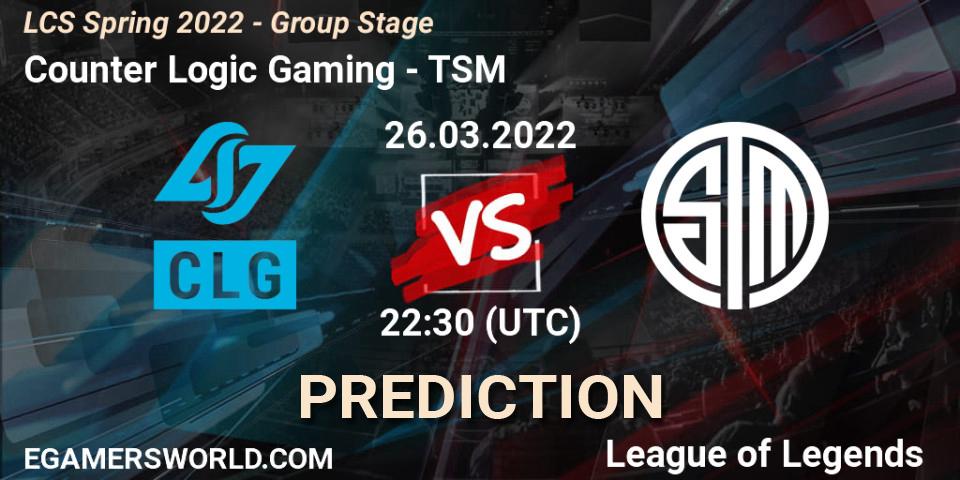 Counter Logic Gaming - TSM: ennuste. 26.03.2022 at 23:30, LoL, LCS Spring 2022 - Group Stage
