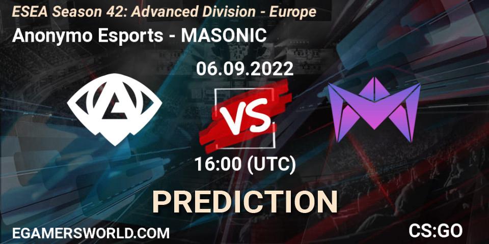 Anonymo Esports - MASONIC: ennuste. 06.09.2022 at 16:00, Counter-Strike (CS2), ESEA Season 42: Advanced Division - Europe