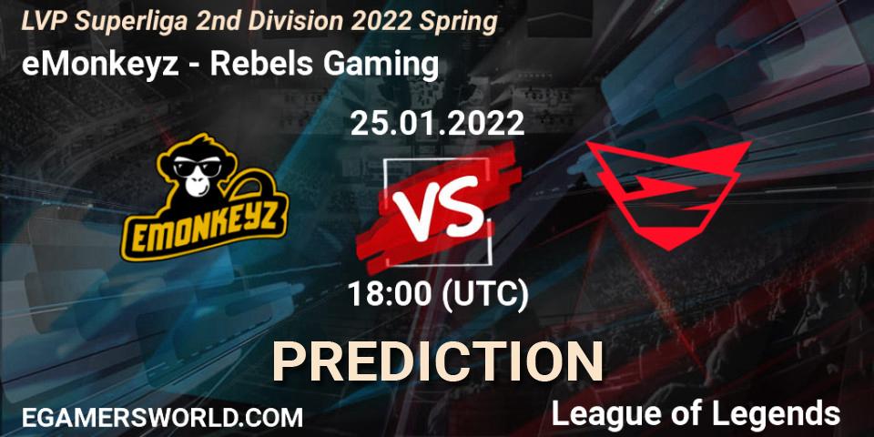 eMonkeyz - Rebels Gaming: ennuste. 26.01.2022 at 18:00, LoL, LVP Superliga 2nd Division 2022 Spring