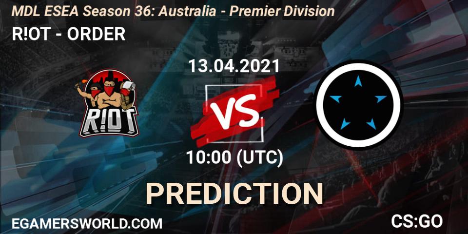 R!OT - ORDER: ennuste. 13.04.2021 at 10:00, Counter-Strike (CS2), MDL ESEA Season 36: Australia - Premier Division