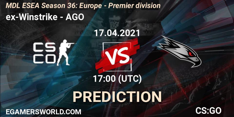ex-Winstrike - AGO: ennuste. 17.04.2021 at 17:00, Counter-Strike (CS2), MDL ESEA Season 36: Europe - Premier division