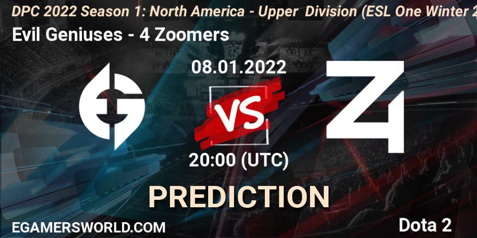 Evil Geniuses - 4 Zoomers: ennuste. 08.01.2022 at 20:13, Dota 2, DPC 2022 Season 1: North America - Upper Division (ESL One Winter 2021)