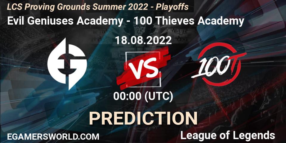 Evil Geniuses Academy - 100 Thieves Academy: ennuste. 18.08.2022 at 00:00, LoL, LCS Proving Grounds Summer 2022 - Playoffs