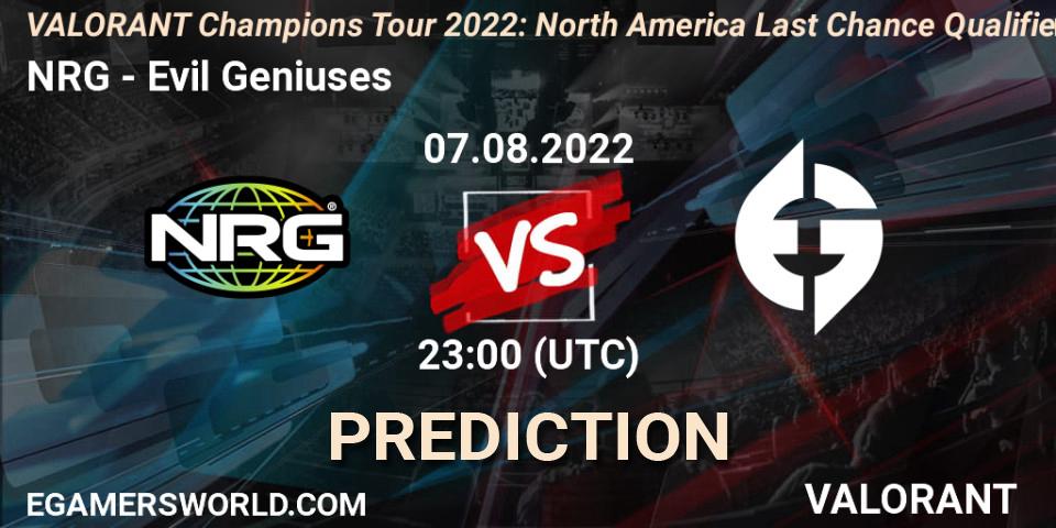 NRG - Evil Geniuses: ennuste. 07.08.2022 at 23:05, VALORANT, VCT 2022: North America Last Chance Qualifier