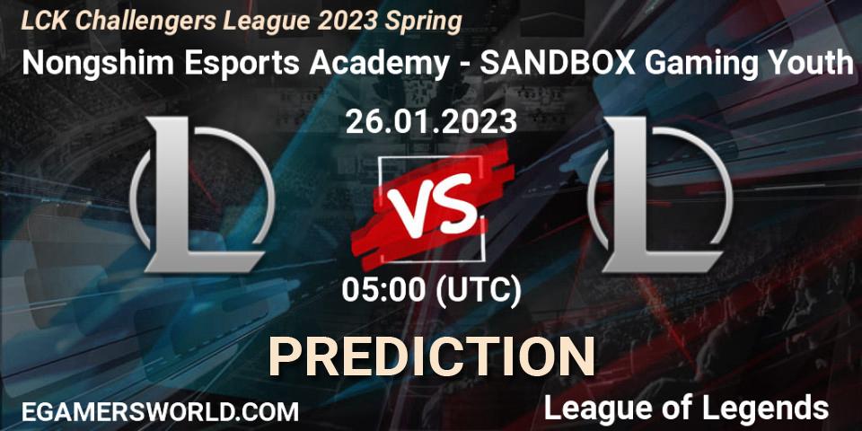 Nongshim Esports Academy - SANDBOX Gaming Youth: ennuste. 26.01.2023 at 05:00, LoL, LCK Challengers League 2023 Spring