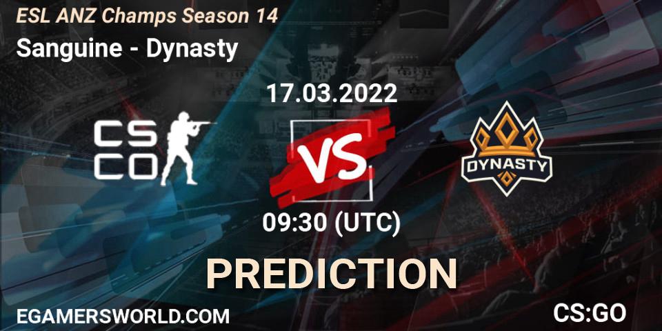 Sanguine - Dynasty: ennuste. 17.03.2022 at 10:50, Counter-Strike (CS2), ESL ANZ Champs Season 14
