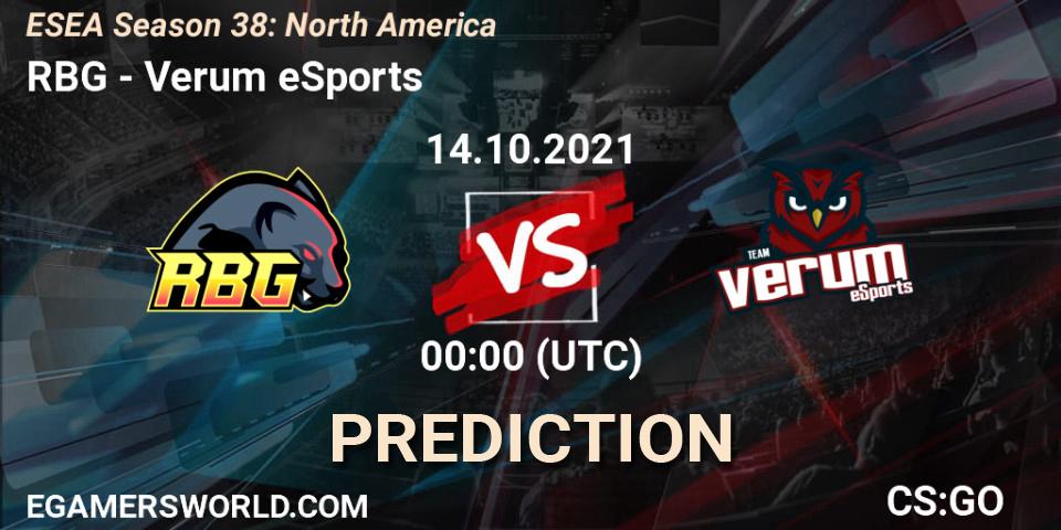 RBG - Verum eSports: ennuste. 14.10.2021 at 00:00, Counter-Strike (CS2), ESEA Season 38: North America 