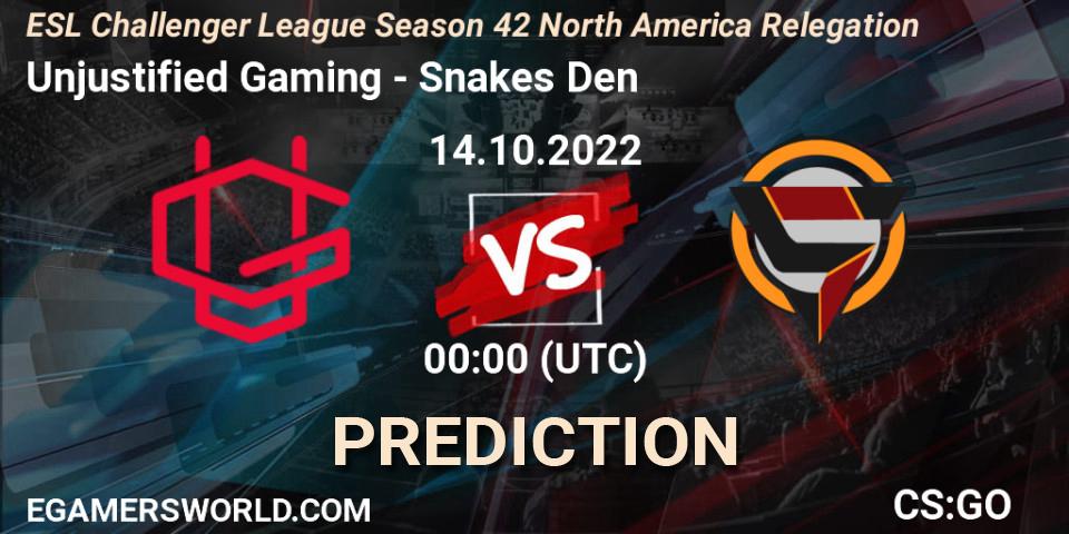 Unjustified Gaming - Snakes Den: ennuste. 14.10.2022 at 00:00, Counter-Strike (CS2), ESL Challenger League Season 42 North America Relegation