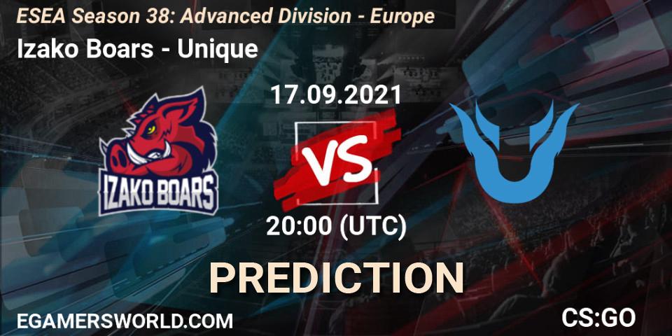 Izako Boars - Unique: ennuste. 17.09.2021 at 20:00, Counter-Strike (CS2), ESEA Season 38: Advanced Division - Europe