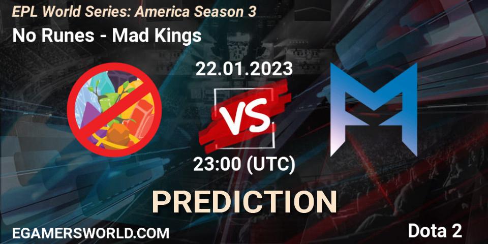 No Runes - Mad Kings: ennuste. 22.01.2023 at 23:00, Dota 2, EPL World Series: America Season 3