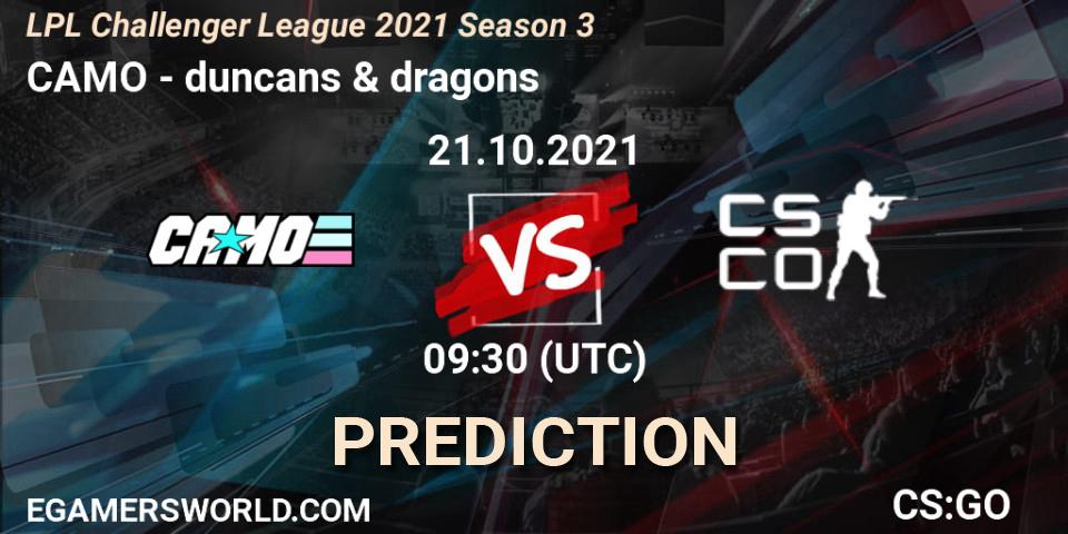 CAMO - duncans & dragons: ennuste. 21.10.2021 at 09:30, Counter-Strike (CS2), LPL Challenger League 2021 Season 3
