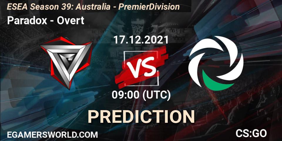 Paradox - Overt: ennuste. 17.12.2021 at 09:00, Counter-Strike (CS2), ESEA Season 39: Australia - Premier Division