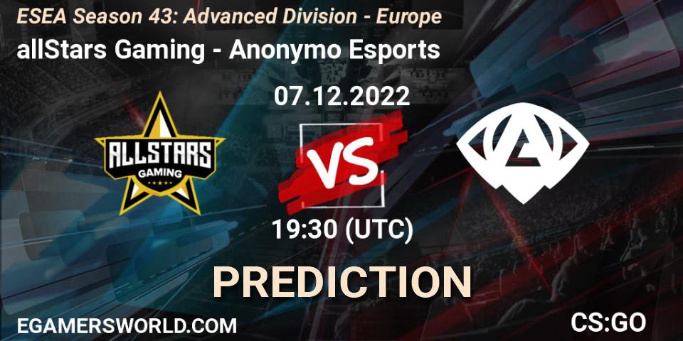 allStars Gaming - Anonymo Esports: ennuste. 07.12.22, CS2 (CS:GO), ESEA Season 43: Advanced Division - Europe