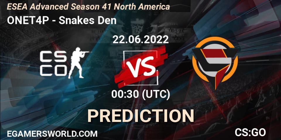 ONET4P - Snakes Den: ennuste. 22.06.2022 at 00:30, Counter-Strike (CS2), ESEA Advanced Season 41 North America