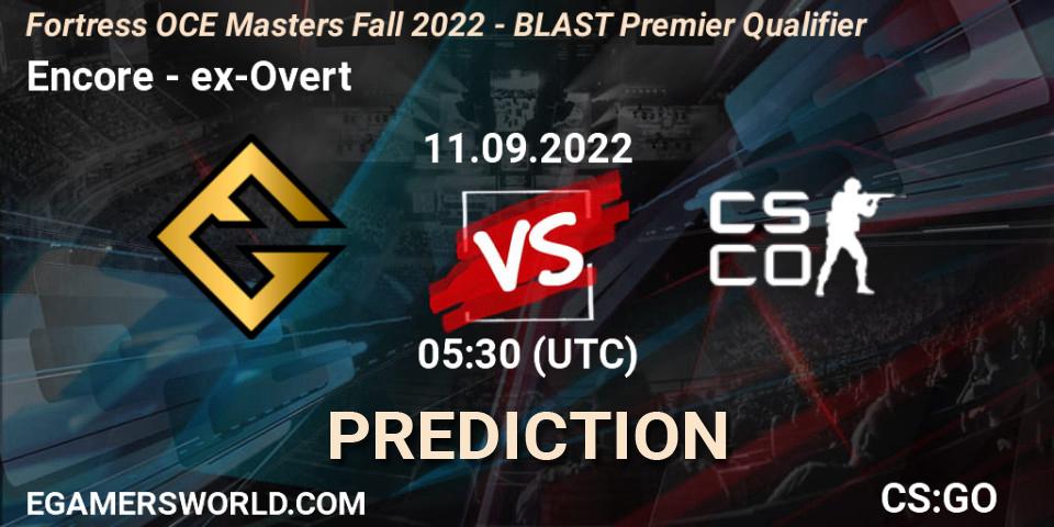Encore - ex-Overt: ennuste. 11.09.2022 at 05:30, Counter-Strike (CS2), Fortress OCE Masters Fall 2022 - BLAST Premier Qualifier