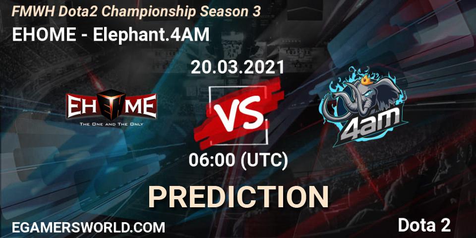 EHOME - Elephant.4AM: ennuste. 20.03.2021 at 06:00, Dota 2, FMWH Dota2 Championship Season 3