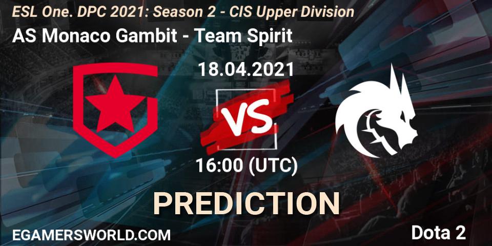 AS Monaco Gambit - Team Spirit: ennuste. 18.04.21, Dota 2, ESL One. DPC 2021: Season 2 - CIS Upper Division