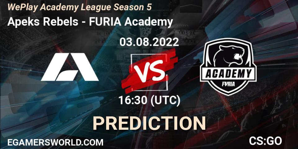 Apeks Rebels - FURIA Academy: ennuste. 03.08.2022 at 16:30, Counter-Strike (CS2), WePlay Academy League Season 5