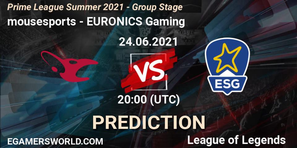mousesports - EURONICS Gaming: ennuste. 24.06.2021 at 16:00, LoL, Prime League Summer 2021 - Group Stage