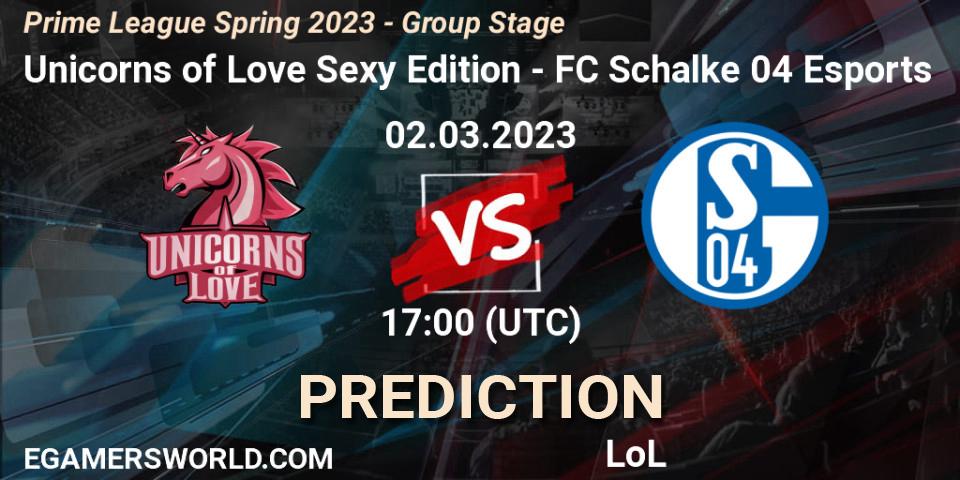 Unicorns of Love Sexy Edition - FC Schalke 04 Esports: ennuste. 02.03.2023 at 20:00, LoL, Prime League Spring 2023 - Group Stage