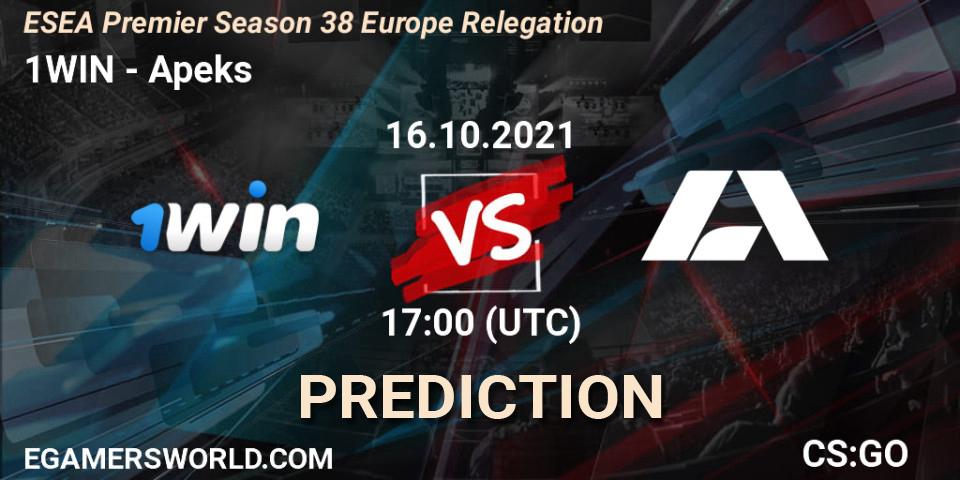 1WIN - Apeks: ennuste. 16.10.2021 at 17:00, Counter-Strike (CS2), ESEA Premier Season 38 Europe Relegation