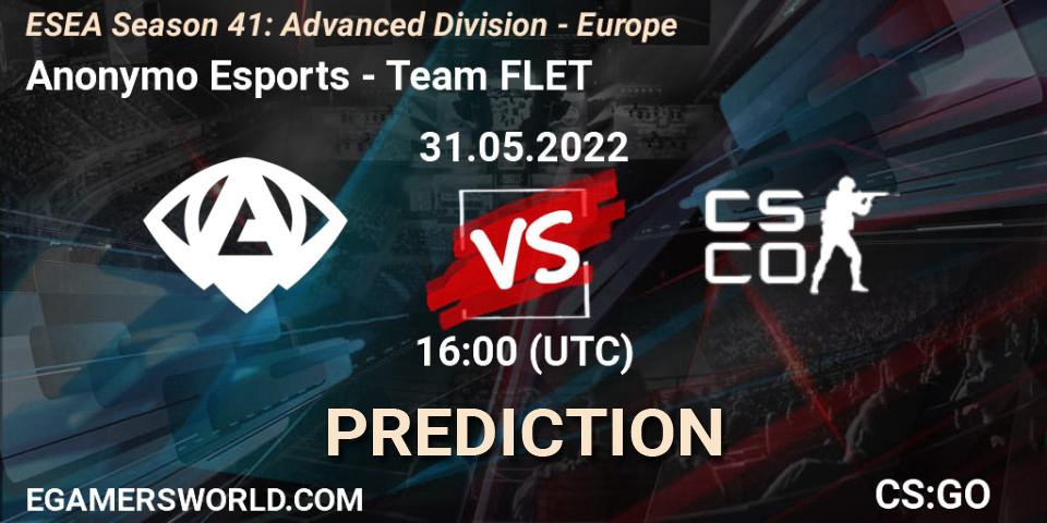 Anonymo Esports - Team FLET: ennuste. 31.05.2022 at 16:00, Counter-Strike (CS2), ESEA Season 41: Advanced Division - Europe